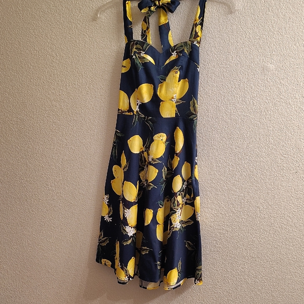 NEW Topdress Lemon Print Midi Halter Midi Drop Waist Dress B48 X